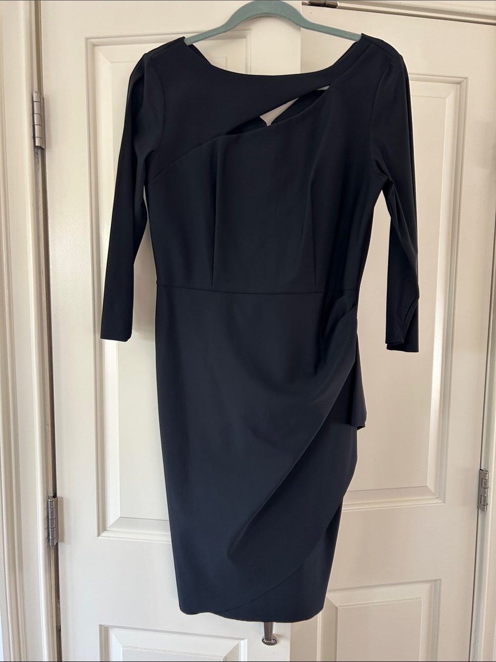 Alex Evenings Black Long-Sleeve Sheath Dress with Asymmetric Cutout